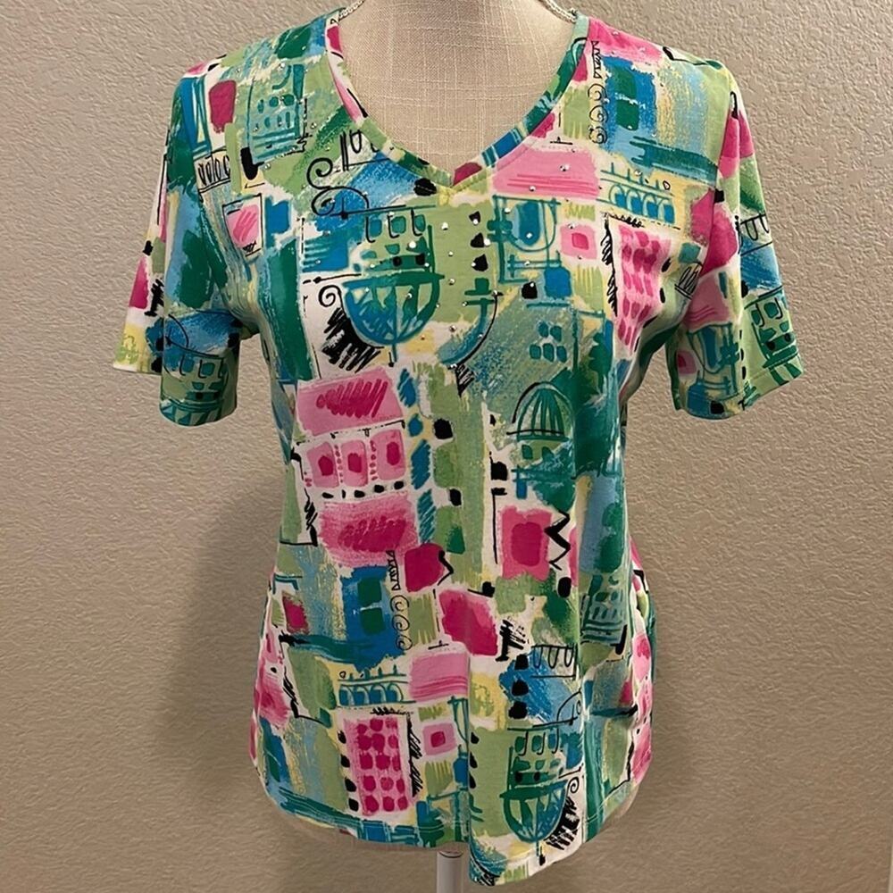 Allison Daley Women's Vibrant Pink Green V-neck Shirt Abstract SMALL PETITE